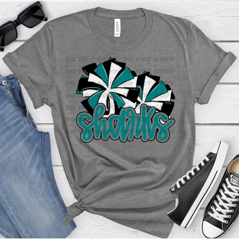 SHARKS TEAL POMS|Pocket 3.5″-4″|Infant|Toddler|Youth 8.5|Adult 11″|Adult 12″