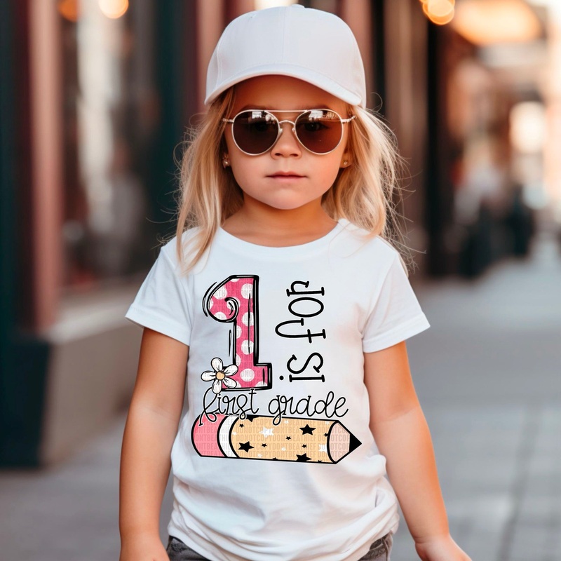 1 IS FOR FIRST GRADE DAISY|Pocket 3.5″-4″|Infant|Toddler|Youth 8.5|Adult 11″|Adult 12″