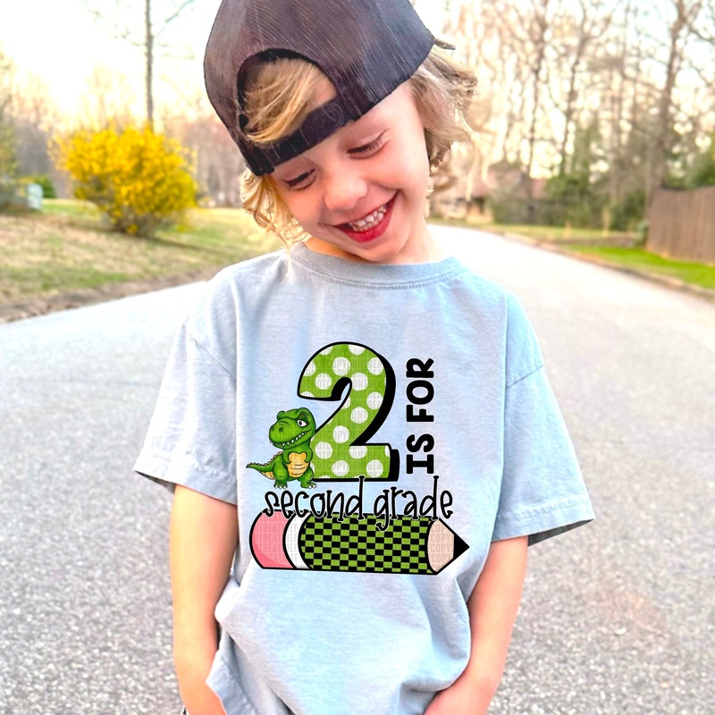 2 IS FOR SECOND GRADE DINO|Pocket 3.5″-4″|Infant|Toddler|Youth 8.5|Adult 11″|Adult 12″