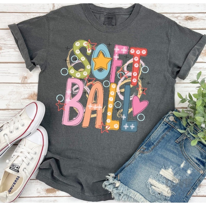 SOFTBALL COLORFUL WORD|Pocket 3.5″-4″|Infant|Toddler|Youth 8.5|Adult 11″|Adult 12″