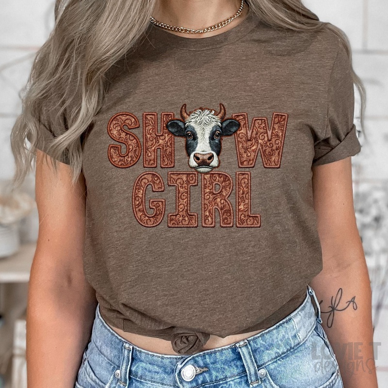 SHOW GIRL COW FAUX EMBROIDERY|Pocket 3.5″-4″|Infant|Toddler|Youth 8.5|Adult 11″|Adult 12″