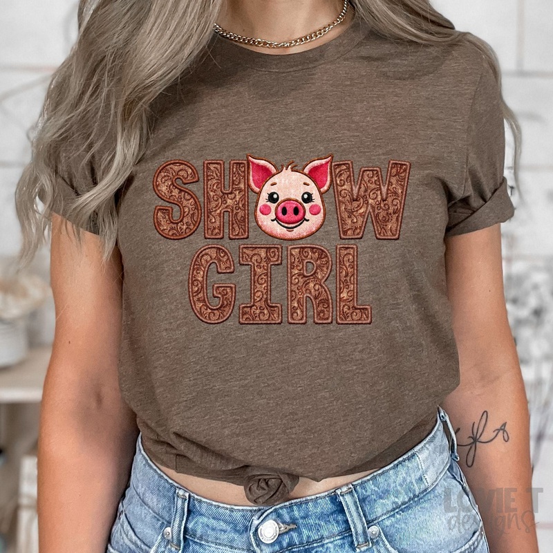 SHOW GIRL PIG FAUX EMBROIDERY|Pocket 3.5″-4″|Infant|Toddler|Youth 8.5|Adult 11″|Adult 12″