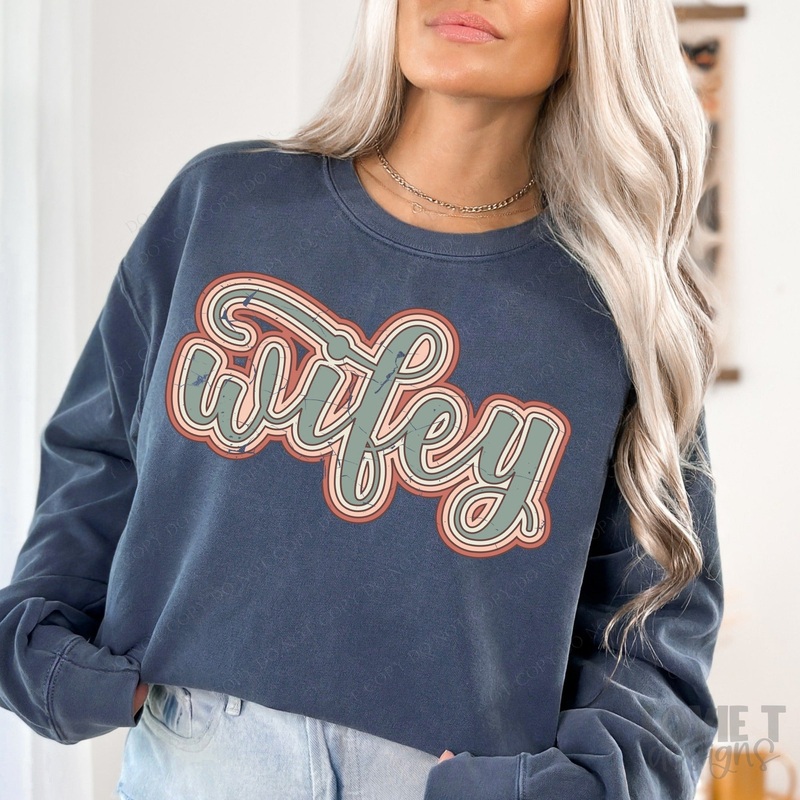 WIFEY SCROLL STACKED DISTRESSED IN MUTED BOHO COLORS