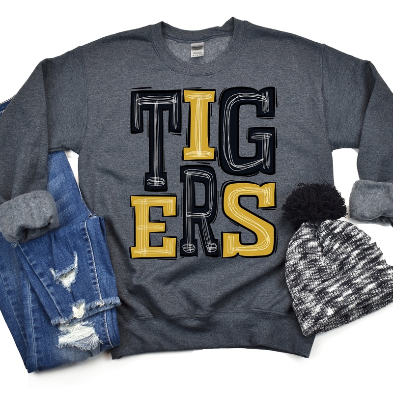 Tigers-Black-Vegas Gold|Pocket|Infant|Toddler|Youth|Adult 11″|Adult 12″|Oversized Print 12″ Wide and Approximately 14″ Long – Also Includes Two Smaller Prints 5″  6″ inches wide & 7″ Tall|Mockup