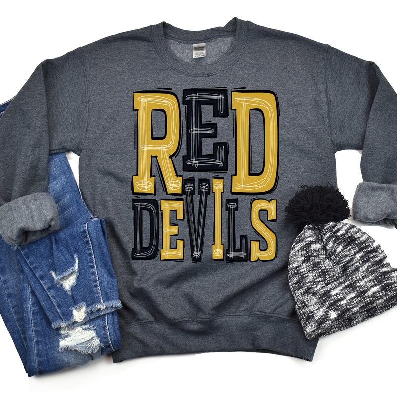 Red Devils-Gold-Black|Pocket|Infant|Toddler|Youth|Adult 11″|Adult 12″|Oversized Print 12″ Wide and Approximately 14″ Long – Also Includes Two Smaller Prints 5″  6″ inches wide & 7″ Tall|Mockup