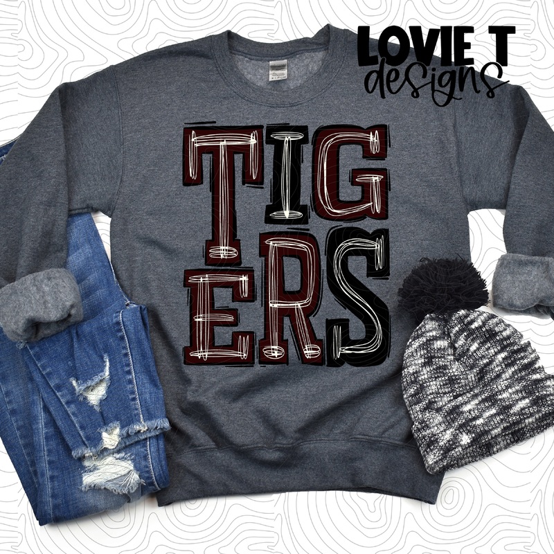 Tigers Maroon Black|Pocket|Infant|Toddler|Youth|Adult 11″|Adult 12″|Oversized Print 12″ Wide and Approximately 14″ Long – Also Includes Two Smaller Prints 5″  6″ inches wide & 7″ Tall|Mockup