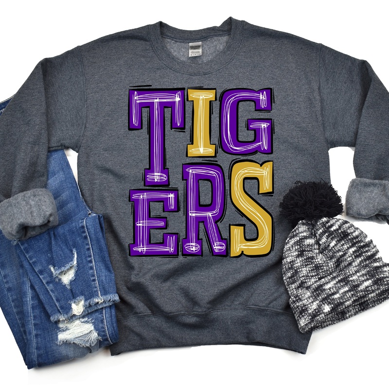 Tigers Purple And Gold|Pocket|Infant|Toddler|Youth|Adult 11″|Adult 12″|Oversized Print 12″ Wide and Approximately 14″ Long – Also Includes Two Smaller Prints 5″  6″ inches wide & 7″ Tall|Mockup