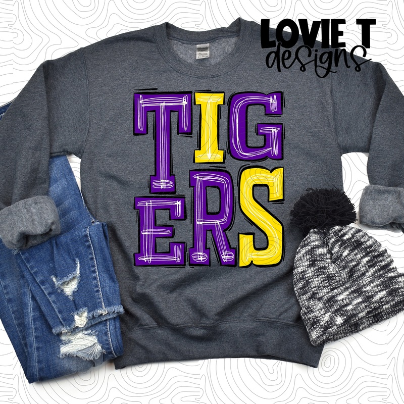 Tigers Purple And Yellow|Pocket|Infant|Toddler|Youth|Adult 11″|Adult 12″|Oversized Print 12″ Wide and Approximately 14″ Long – Also Includes Two Smaller Prints 5″  6″ inches wide & 7″ Tall|Mockup