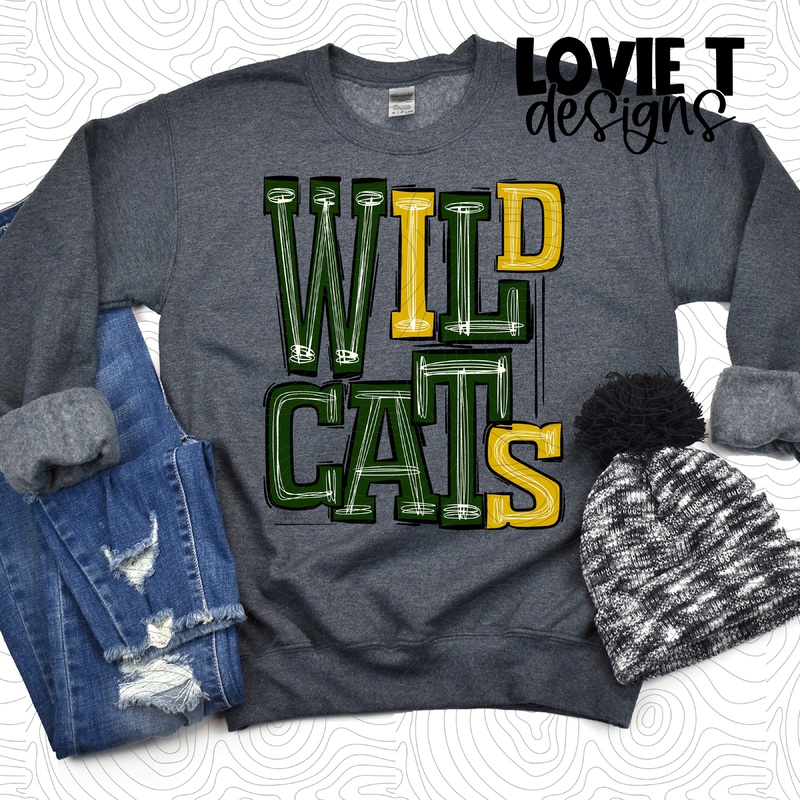 Wildcats Green Yellow|Pocket|Infant|Toddler|Youth|Adult 11″|Adult 12″|Oversized Print 12″ Wide and Approximately 14″ Long – Also Includes Two Smaller Prints 5″  6″ inches wide & 7″ Tall|Mockup