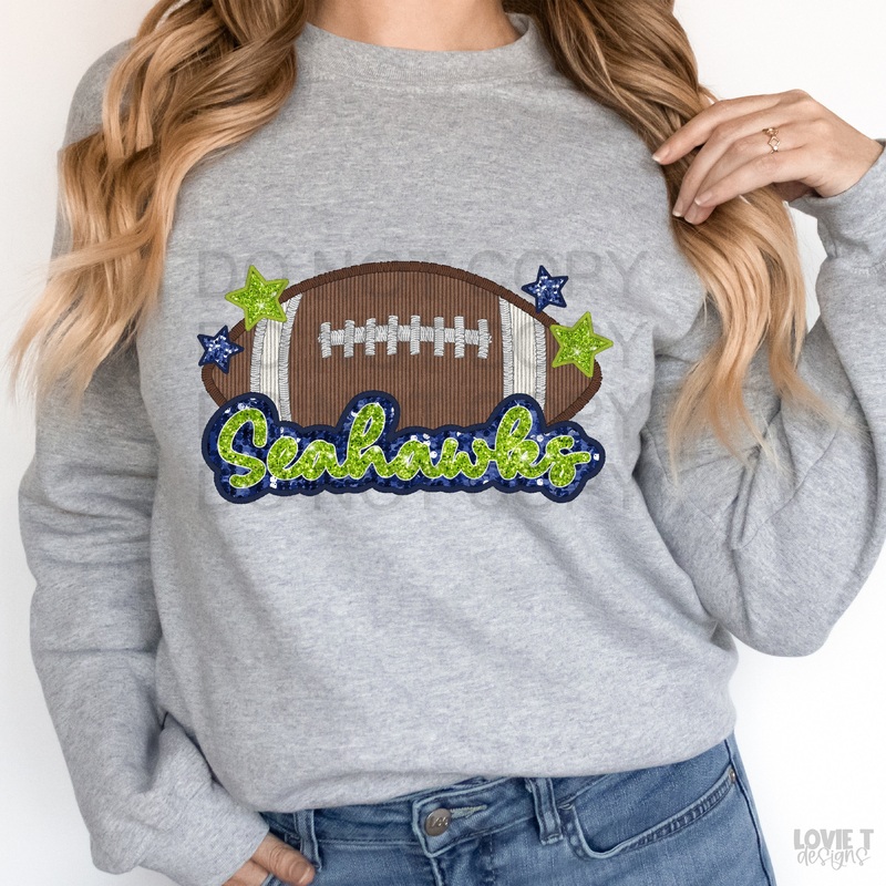 Seahawks Applique Faux Sequin|Pocket 3.5″-4″|Infant|Toddler|Youth 8.5|Adult 11″|Adult 12″