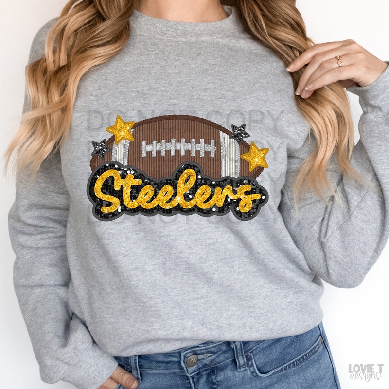 Steelers Applique Faux Sequin|Pocket 3.5″-4″|Infant|Toddler|Youth 8.5|Adult 11″|Adult 12″
