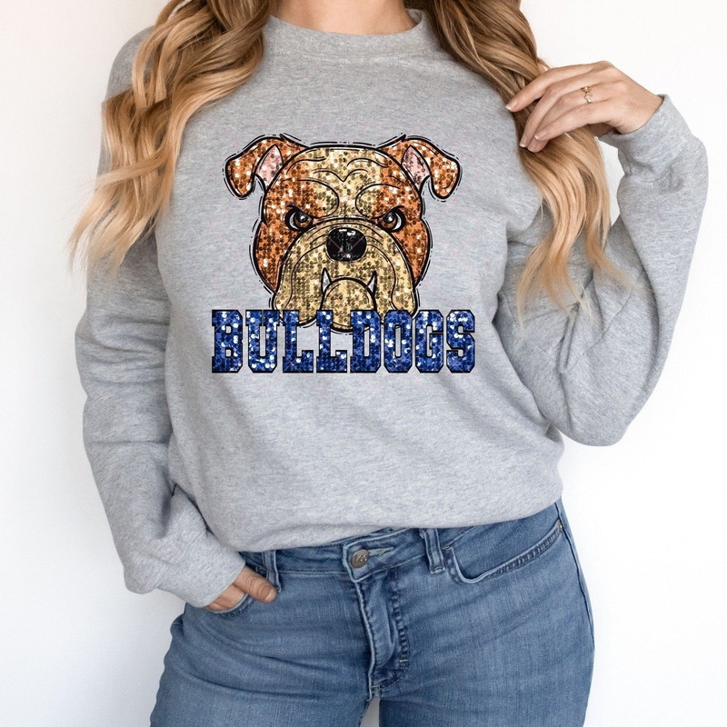 Tan Bulldogs Blue Sequin|Pocket 3.5″-4″|Infant|Toddler|Youth 8.5|Adult 11″|Adult 12″