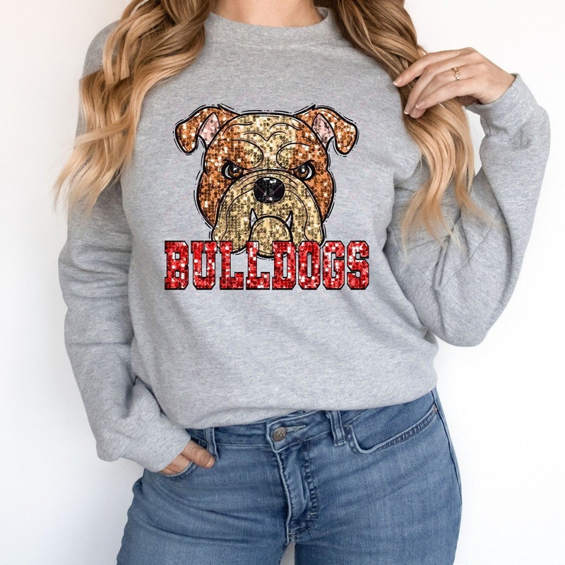Tan Bulldogs Red Sequin|Pocket 3.5″-4″|Infant|Toddler|Youth 8.5|Adult 11″|Adult 12″