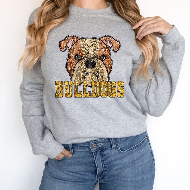 Tan Bulldogs Yellow Sequin|Pocket 3.5″-4″|Infant|Toddler|Youth 8.5|Adult 11″|Adult 12″
