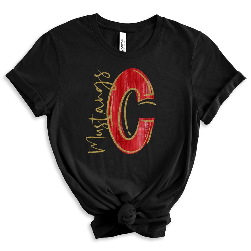 Red And Gold C Mustangs|Pocket 3.5″-4″|Infant|Toddler|Youth 8.5|Adult 11″|Adult 12″