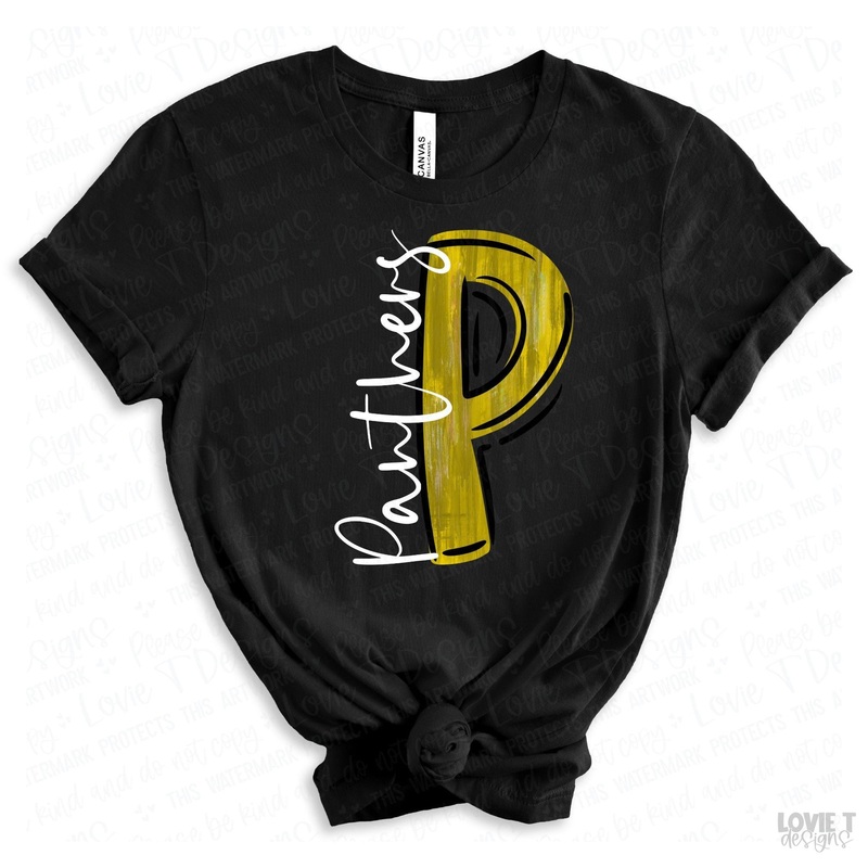 Yellow And Black P Panthers|Pocket 3.5″-4″|Infant|Toddler|Youth 8.5|Adult 11″|Adult 12″