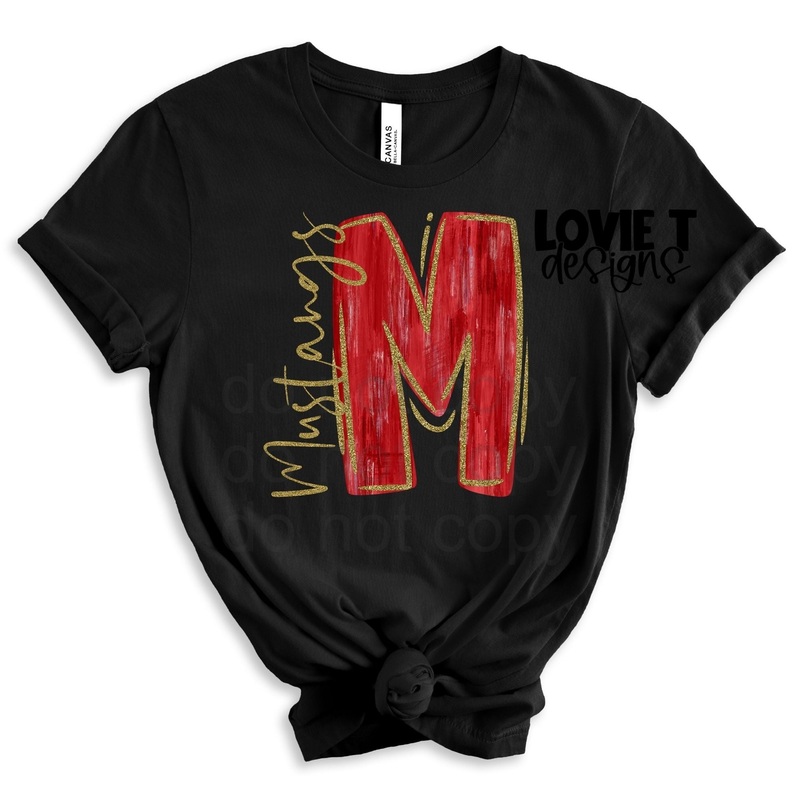 Red And Gold M Mustangs|Pocket 3.5″-4″|Infant|Toddler|Youth 8.5|Adult 11″|Adult 12″