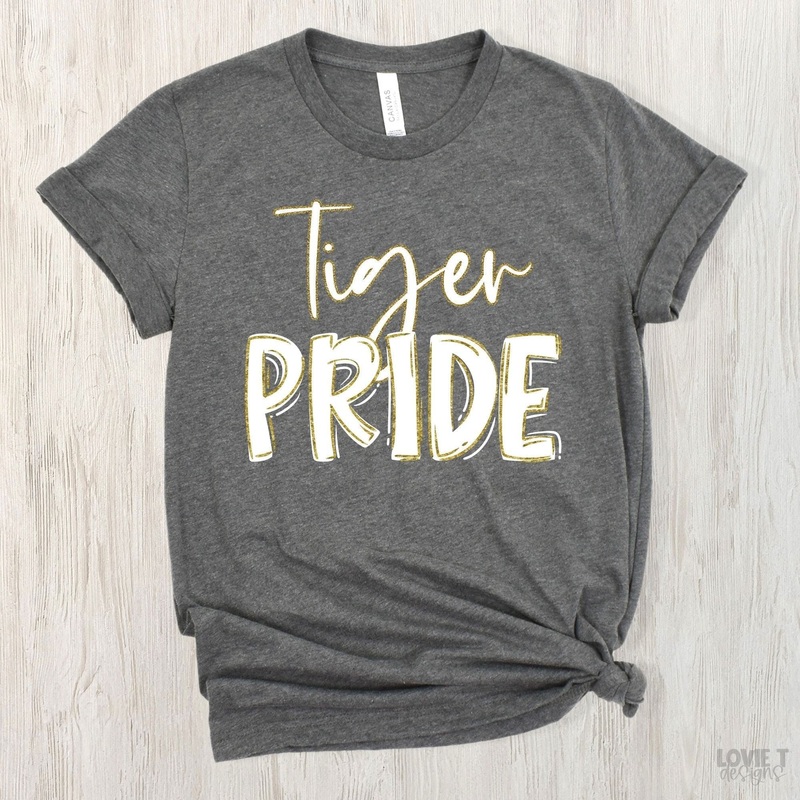 Tiger Pride White Font Gold Outline