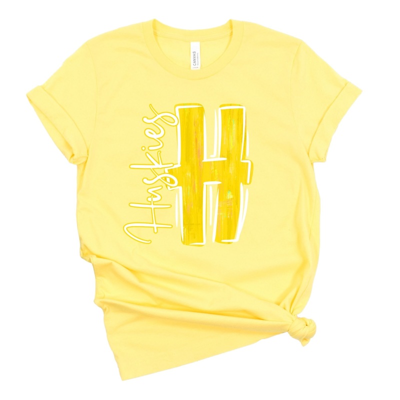Yellow And White H Huskies|Pocket 3.5″-4″|Infant|Toddler|Youth 8.5|Adult 11″|Adult 12″