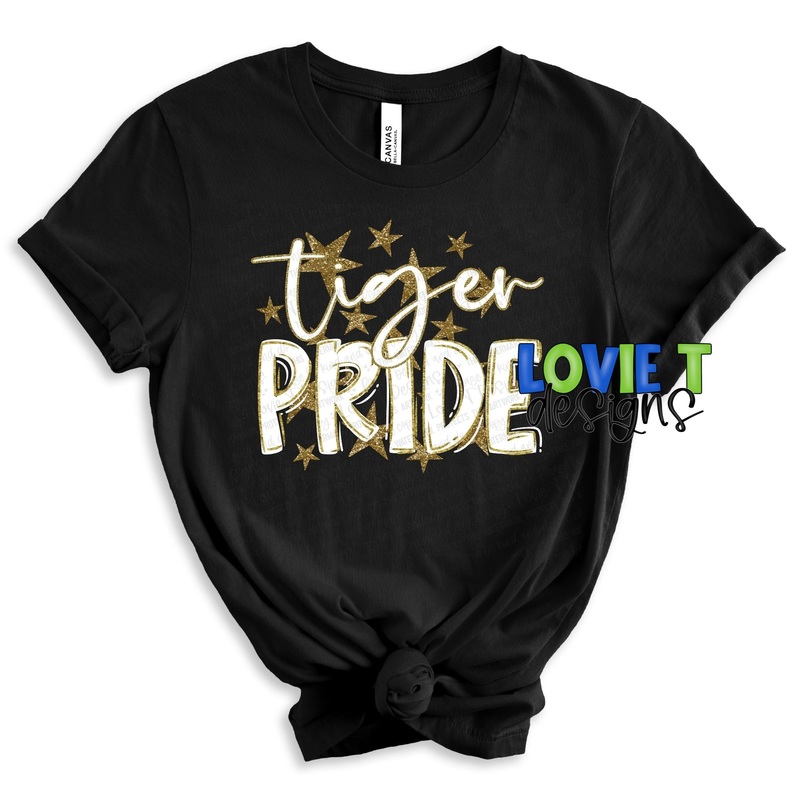 Tiger Pride Gold Stars Gold Outline White Font