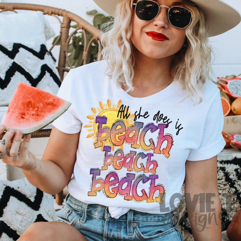 All She Does Is Beach|Pocket 3.5″-4″|Infant|Toddler|Youth 8.5|Adult 11″|Adult 12″