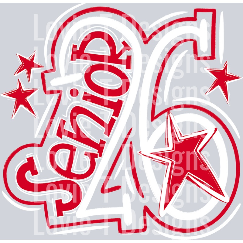 SENIOR 2026 DOODLE WHITE RED|Pocket 4″|Infant 6″|Toddler 7″|Youth 8.5″|Adult 11″|Adult 12″