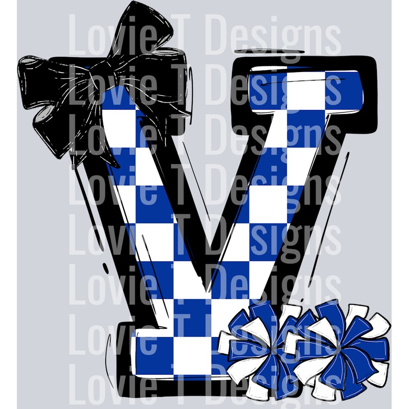 SO SPORTY ROYAL BLUE CHECK WITH BLACK BOW AND ROYAL POMS
