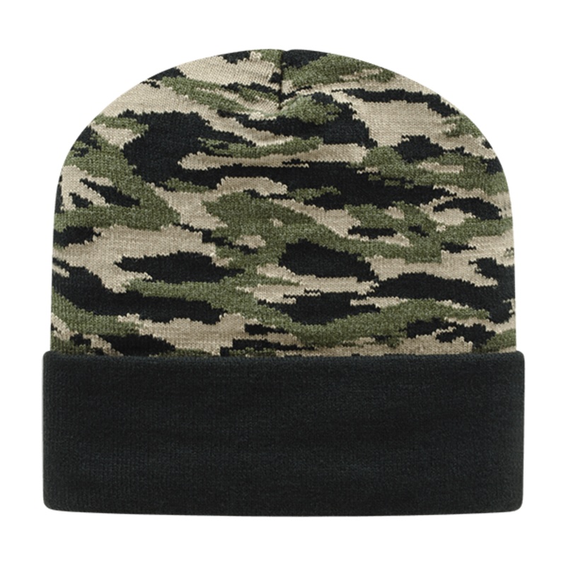 Cap America Vintage Tiger Camouflage Knit Cap with Solid Color Cuff
