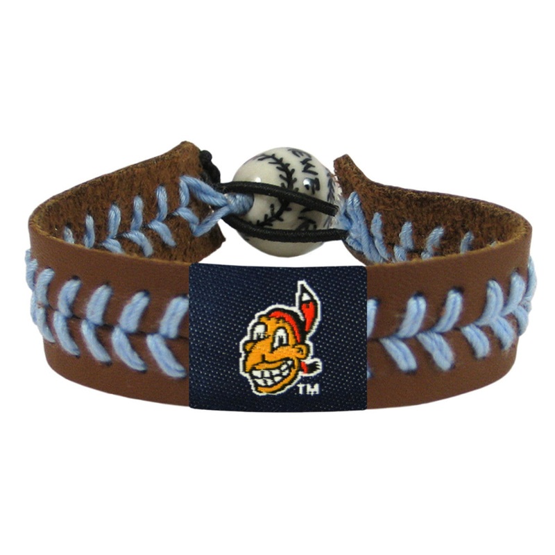 Gamewear Cleveland Indians Team Color Chief Wahoo Brown Blue Leather Thread Baseball Bracelet